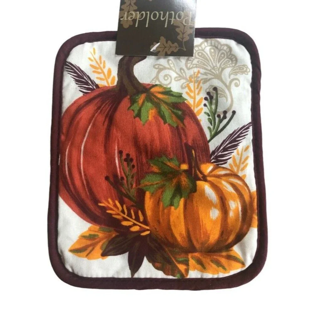 Pumpkin Kitchen Dish Towel Oven Mitts Potholder Thanksgiving Autumn Set of 4